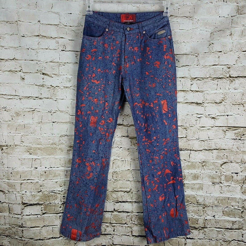 Johnny Blaze Flame Size 5 6  Denim Blue‎ Jeans Metallic Red Paint Blue Dots
